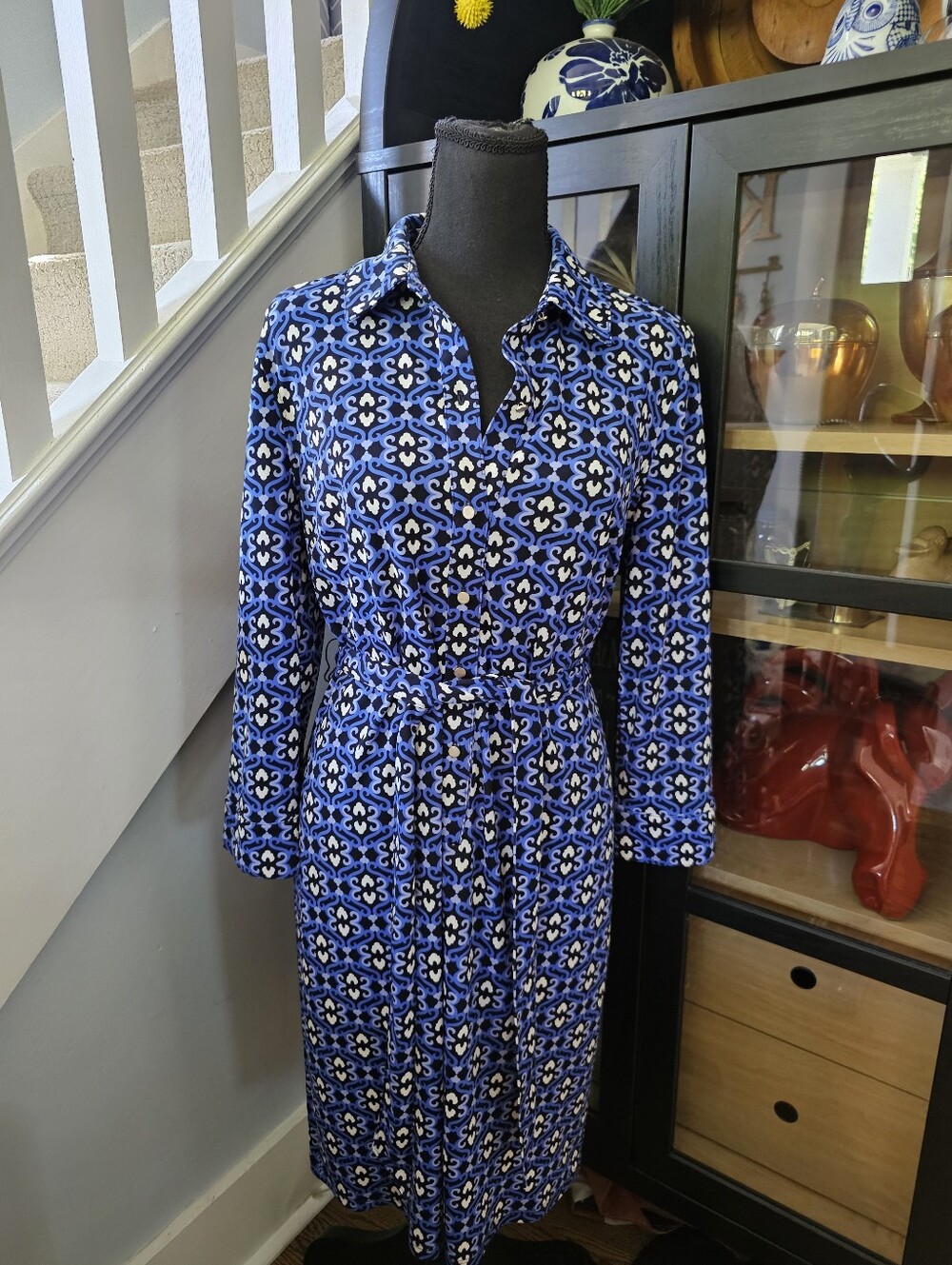 Talbots Blue Patterned Long-Sleeve Shirt Dress with Waist Tie